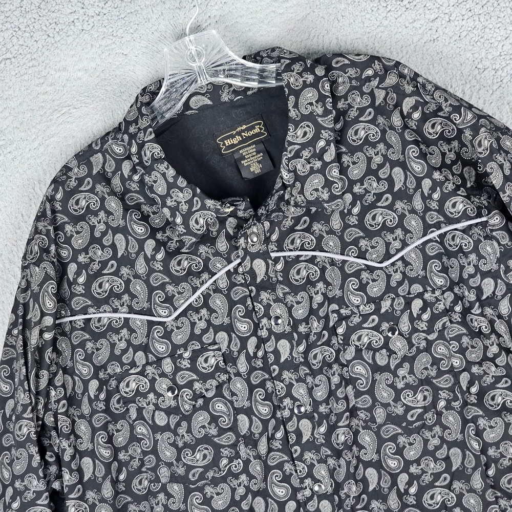 High Noon Western Shirt Mens 2XL Black Paisley Print‎ Cowboy Pockets Pearl Snap